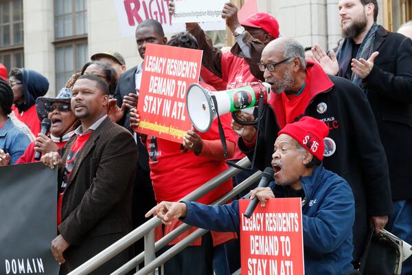 The Housing Justice League held a rally at Atlanta City Hall and a sit-in at the Mayor's Office on December 16, 2019 . The protesters want Atlanta Mayor Keisha Lance Bottoms to let Peoplestown residents in the city stay in their homes and not be displaced by eminent domain to build a park and retention pond.  Bob Andres / bandres@ajc.com