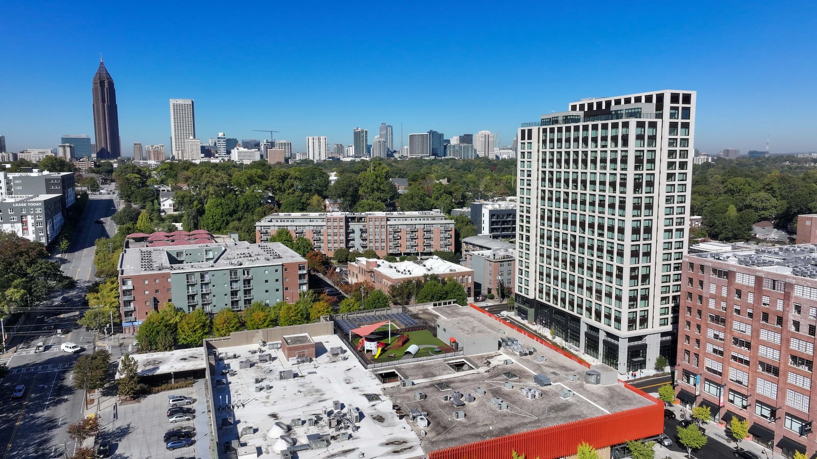 An aerial view reveals Scout Living, a 22-story building in the heart of Atlanta’s Old Fourth Ward neighborhood. The property offers furnished accommodations for both short-term and extended stays and is seamlessly connected to Ponce City Market with direct access to the Atlanta BeltLine.
(Miguel Martinez / AJC)