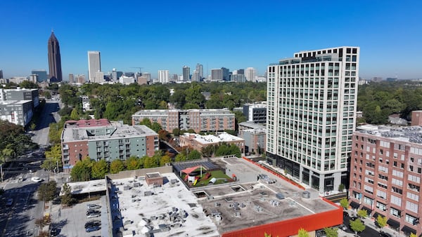 An aerial view reveals Scout Living, a 22-story building in the heart of Atlanta’s Old Fourth Ward neighborhood. The property offers furnished accommodations for both short-term and extended stays and is seamlessly connected to Ponce City Market with direct access to the Atlanta BeltLine.
(Miguel Martinez / AJC)