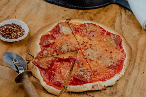 Fake out your cravings with tortilla pizza made with turkey pepperoni and part-skim mozzarella. (Virginia Willis for The Atlanta Journal-Constitution)