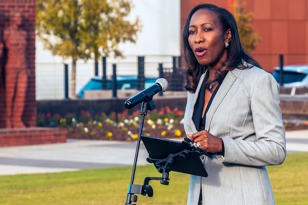 This image provided by the Equal Justice Initiative, Detria Austin Everson, CEO of the John and Lillian Miles Lewis Foundation. speaks during the unveiling of a a statue of U.S. Rep. John Lewis, a civil rights icon, at the Equal Justice Initiative's Legacy Plaza, Tuesday, Nov. 12, 2024, in Montgomery, Ala. (Equal Justice Initiative via AP)