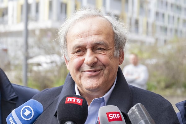 Former UEFA President, Michel Platini, after the verdict at the special appeals court, in Muttenz, Switzerland, Tuesday, March 25, 2025. (Urs Flueeler/Keystone via AP)