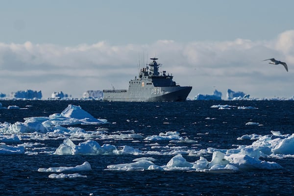 FILE - The military vessel HDMS Ejnar Mikkelsen of the Royal Danish Navy, patrols near Nuuk, Greenland, Wednesday, March 5, 2025. (AP Photo/Evgeniy Maloletka, File)