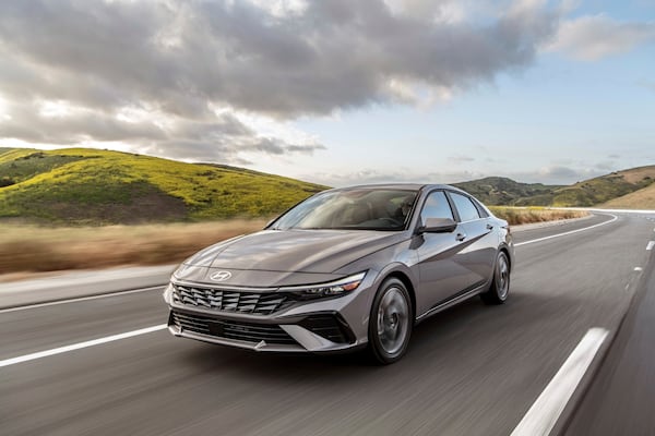 This photo provided by Hyundai shows the 2025 Elantra. The hybrid version of the Elantra is a fuel miser and gets up to an EPA-estimated 54 mpg in combined city/highway driving. (Courtesy of Hyundai Motor America via AP)