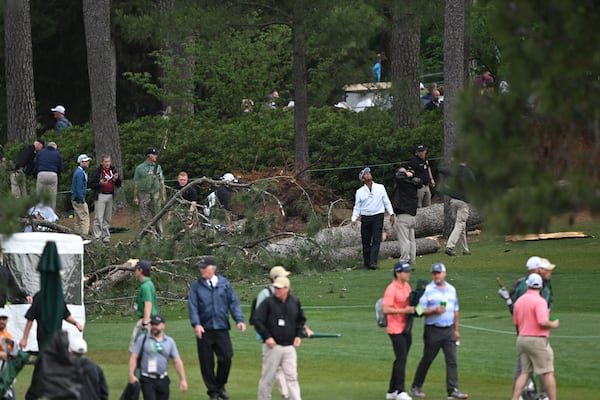 Aftermath of fallen tree on 17th hole during second round of the 2023 Masters Tournament at Augusta National Golf Club, Friday, April 7, 2023, in Augusta, Ga. (Hyosub Shin / Hyosub.Shin@ajc.com)