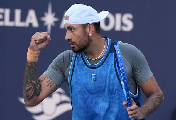 Nick Kyrgios, of Australia, reacts during his match against Mackenzie McDonald at the Miami Open tennis tournament, Wednesday, March 19, 2025, in Miami Gardens, Fla. (AP Photo/Lynne Sladky)