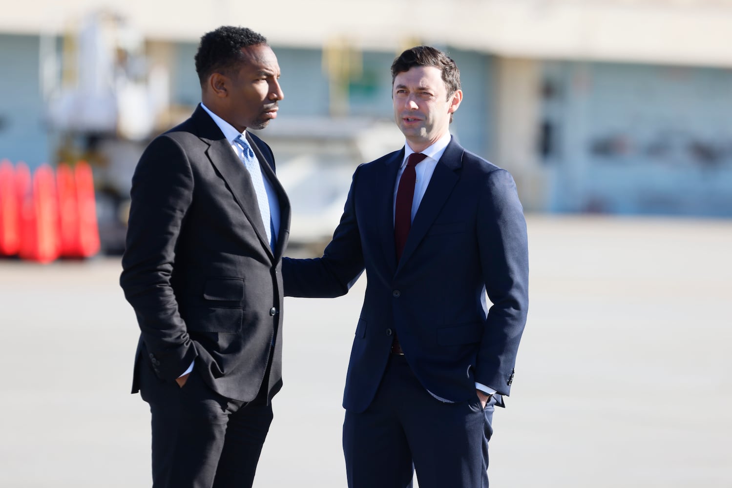 Atlanta Mayor Andre Dickens and U.S. Sen Jon Ossoff speak as they wait for President Jon Biden's arrival, where he is scheduled to deliver remarks at Ebenezer Baptist Church on Sunday, January 15, 2023. Miguel Martinez / miguel.martinezjimenez@ajc.com