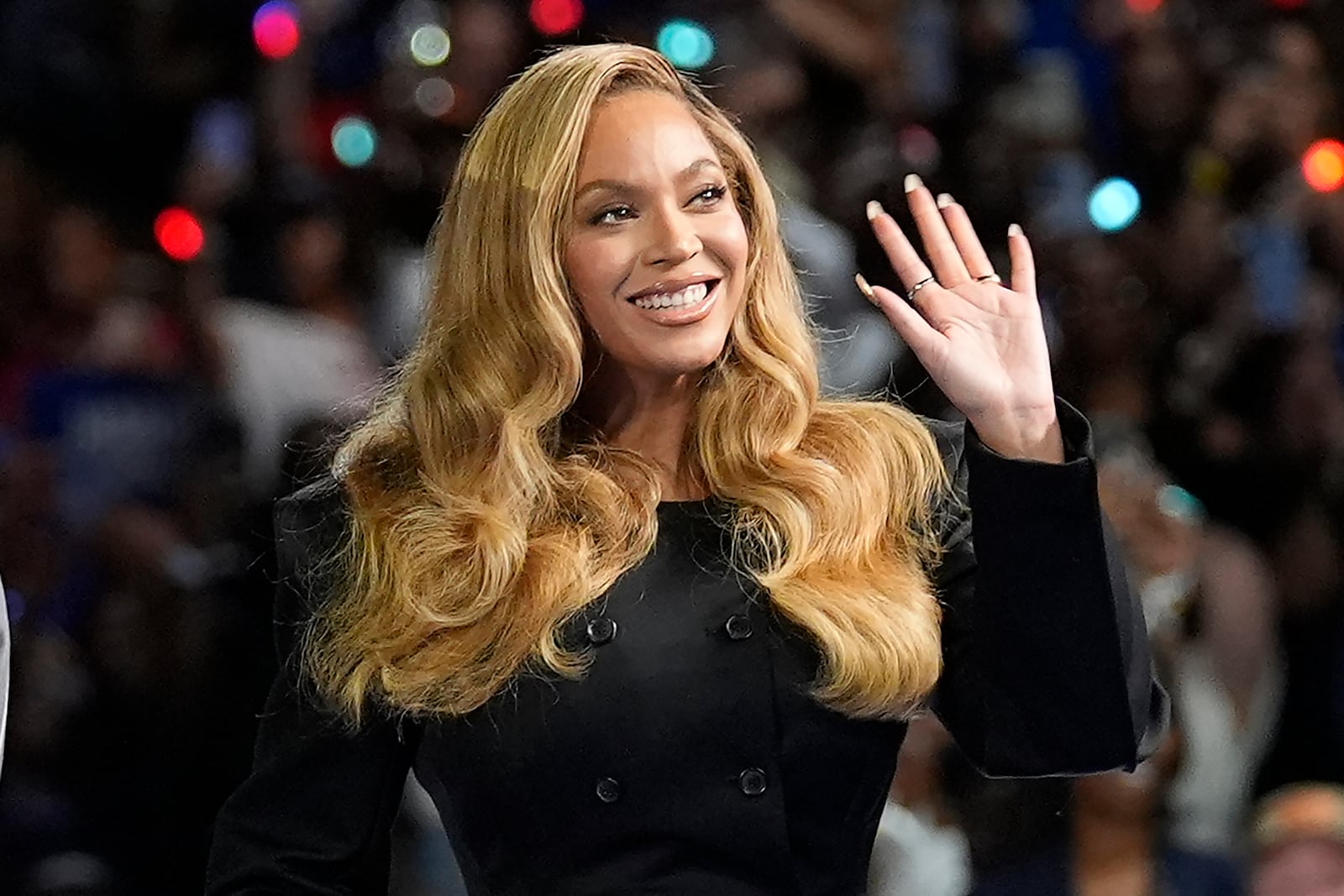 FILE - Beyonce appears at a campaign event for Democratic presidential nominee Vice President Kamala Harris in Houston, on Oct. 25, 2024. (AP Photo/Susan Walsh, File)