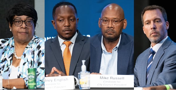 The candidates for Atlanta City Council president at a recent forum. From left, Natalyn Archibong, Courtney English, Mike Russell and Doug Shipman.