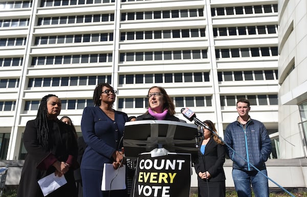 A lawsuit filed in federal court on Tuesday, Nov. 27, 2018, is asking the courts to intervene to protect voters' rights. From left: state Sen. Nikema Williams, attorney Allegra Lawrence-Hardy and Fair Fight Georgia CEO Lauren Groh-Wargo. HYOSUB SHIN / HYOSUB.SHIN@AJC.COM