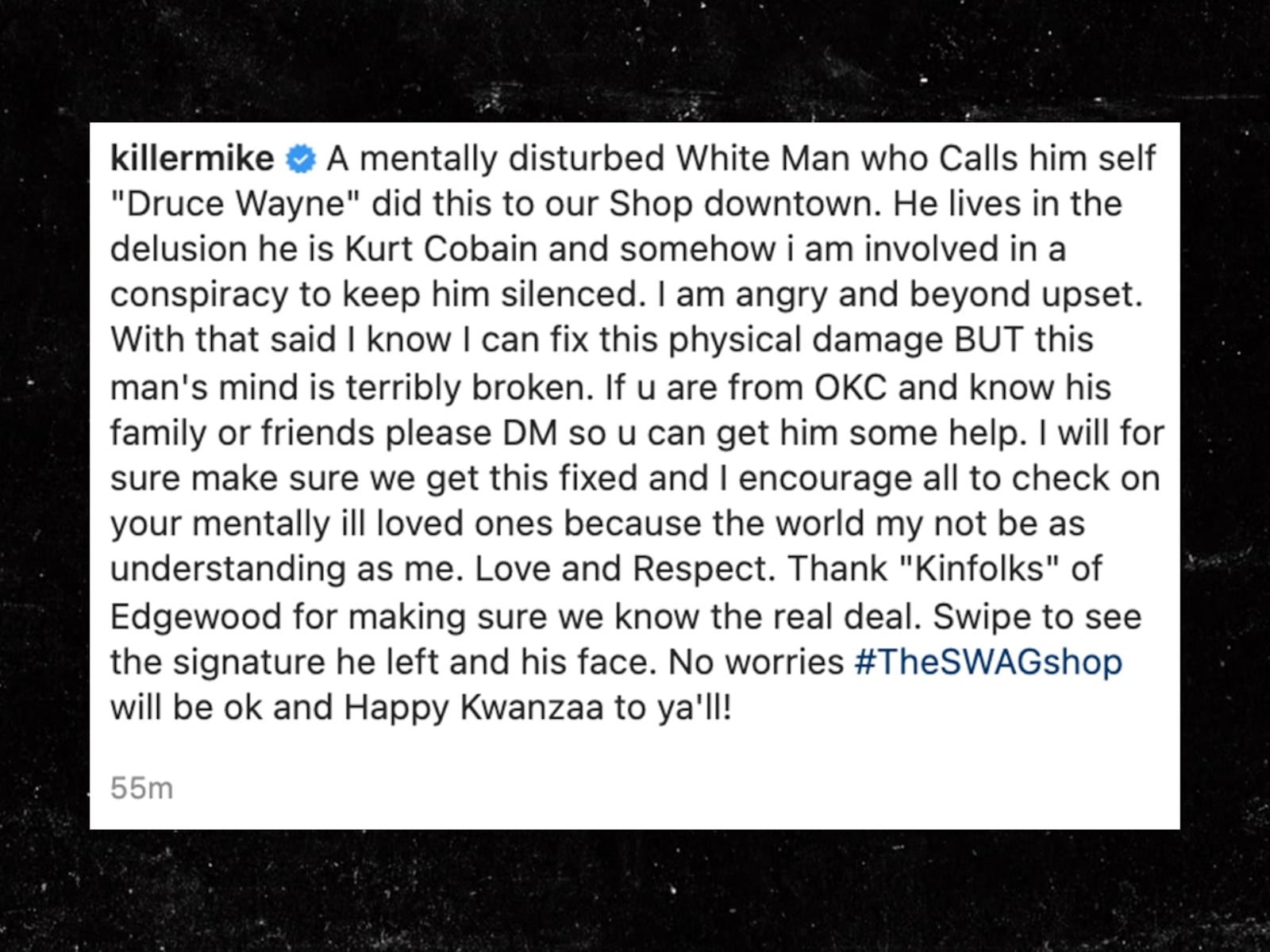 Killer Mike's Instagram post on Dec. 27 regarding vandalism to his barbershop in Atlanta. INSTAGRAM