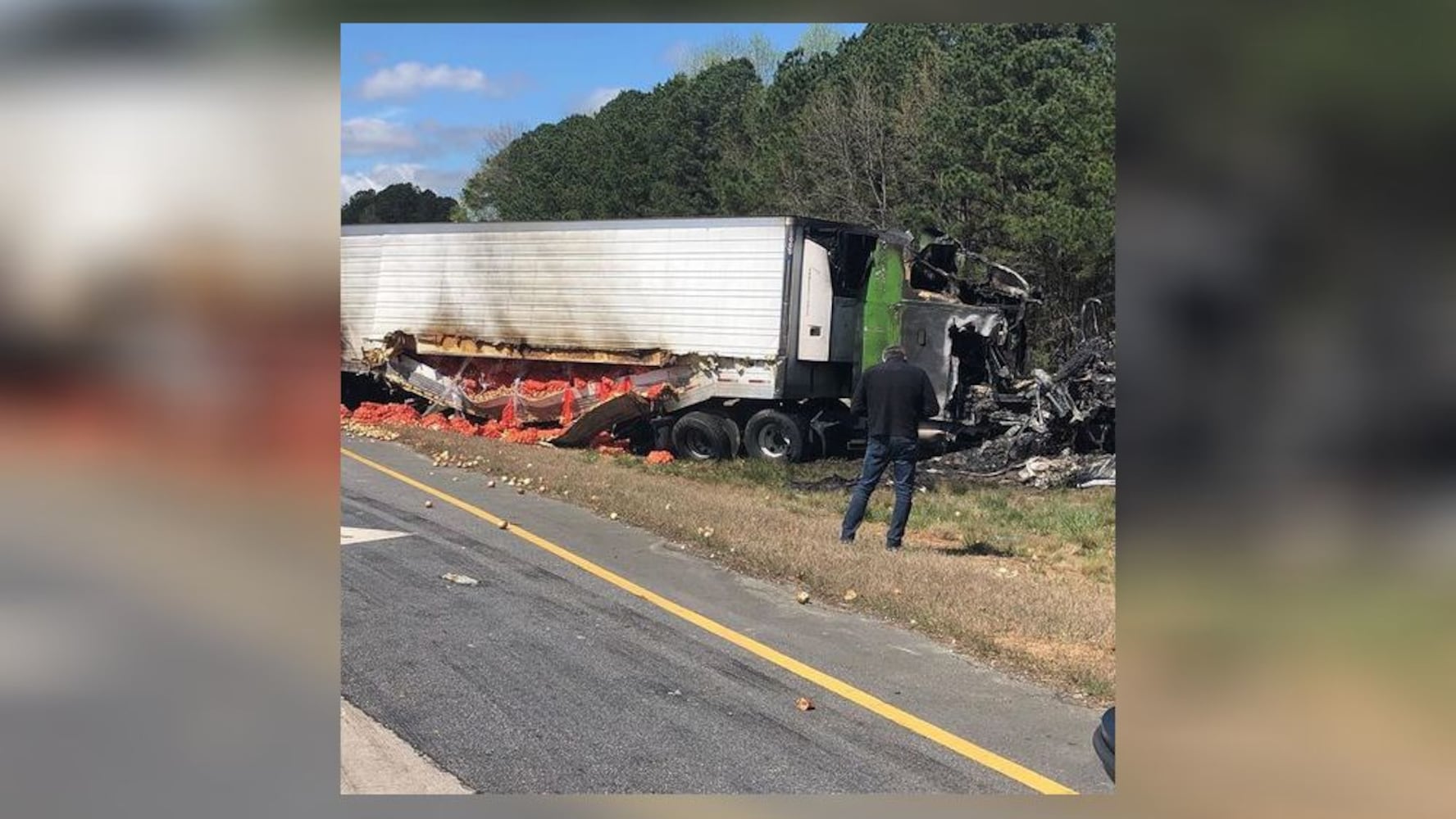 Tractor-trailer carrying onions crashes, catches fire in Gwinnett