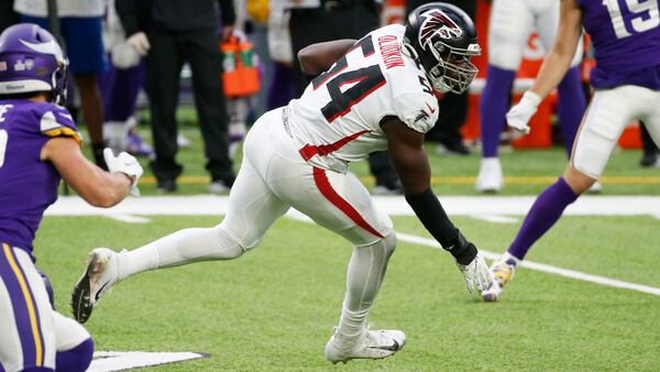 Atlanta Falcons linebacker Foyesade Oluokun (54) intercepts a pass in front of Minnesota Vikings wide receiver Adam Thielen (19) during the first half Sunday, Oct. 18, 2020, in Minneapolis. (Bruce Kluckhohn/AP)