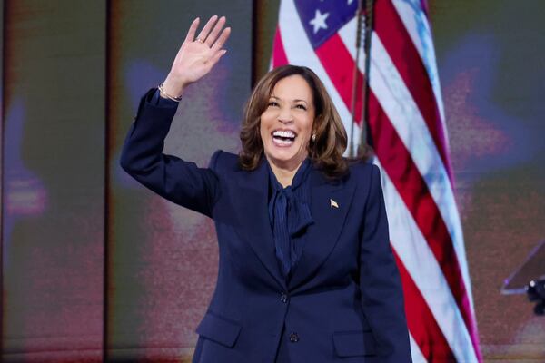 Vice President Kamala Harris addresses delegates at the Democratic National Convention on Thursday.