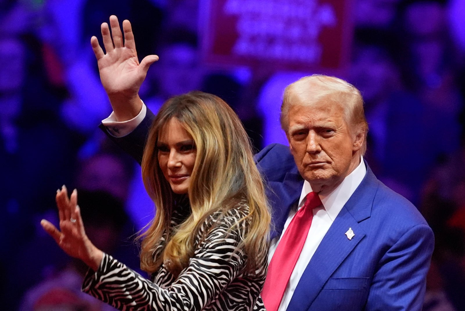 Former President Donald Trump and former first lady Melania Trump greet supporters at a campaign rally at Madison Square Garden in New York on Sunday.