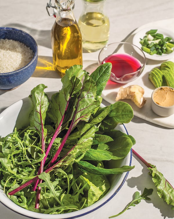 "Eat Cool: Good Food for Hot Days" author Vanessa Seder was looking to use up leftover greens when she came up with Farmers Market Greens and Rice Soup With Ginger and Miso. (Courtesy of Rizzoli USA)