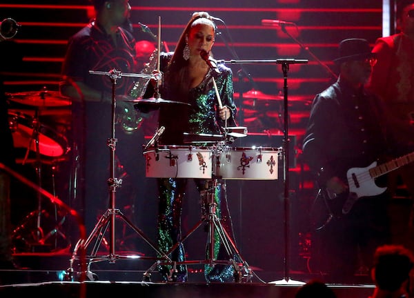 Sheila E. performs during a Prince tribute at the 62nd annual Grammy Awards on Sunday, Jan. 26, 2020, in Los Angeles.  Photo by Matt Sayles/Invision/AP