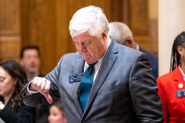 Sen. Bill Cowsert, R-Athens, encourages a no vote for a motion to reconsider a failed vote on HB 196 at the Senate in Atlanta on Sine Die, Wednesday, March 29, 2023. The bill aims to expand medical marijuana production, increase transparency and end lawsuits. (Arvin Temkar / arvin.temkar@ajc.com)