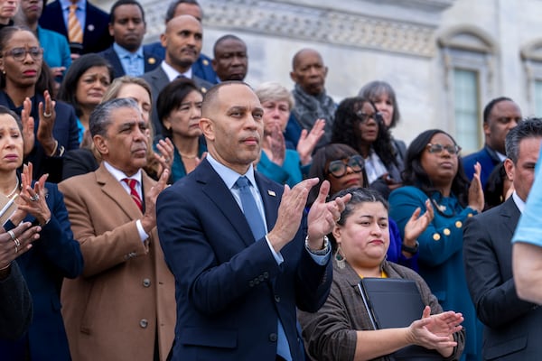 House Minority Leader Hakeem Jeffries, D-N.Y., rallies Democrats against the Republican budget plan, on the House steps at the Capitol in Washington, Tuesday, Feb. 25, 2025. (AP Photo/J. Scott Applewhite)