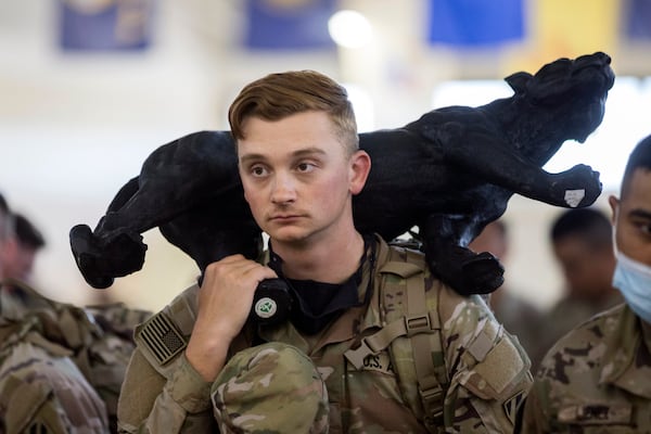 SAVANNAH, GA - MARCH 2, 2022: Joining the 180 soldiers with the U.S. Army 3rd Infantry Division, 1st Armored Brigade Combat Team is the battalion mascot while being deployed to Germany from Hunter Army Airfield, Wednesday Mar. 2, 2022 in Savannah, Ga. The division is sending 3,800 troops as reinforcements for various NATO allies in Eastern Europe. (AJC Photo/Stephen B. Morton)