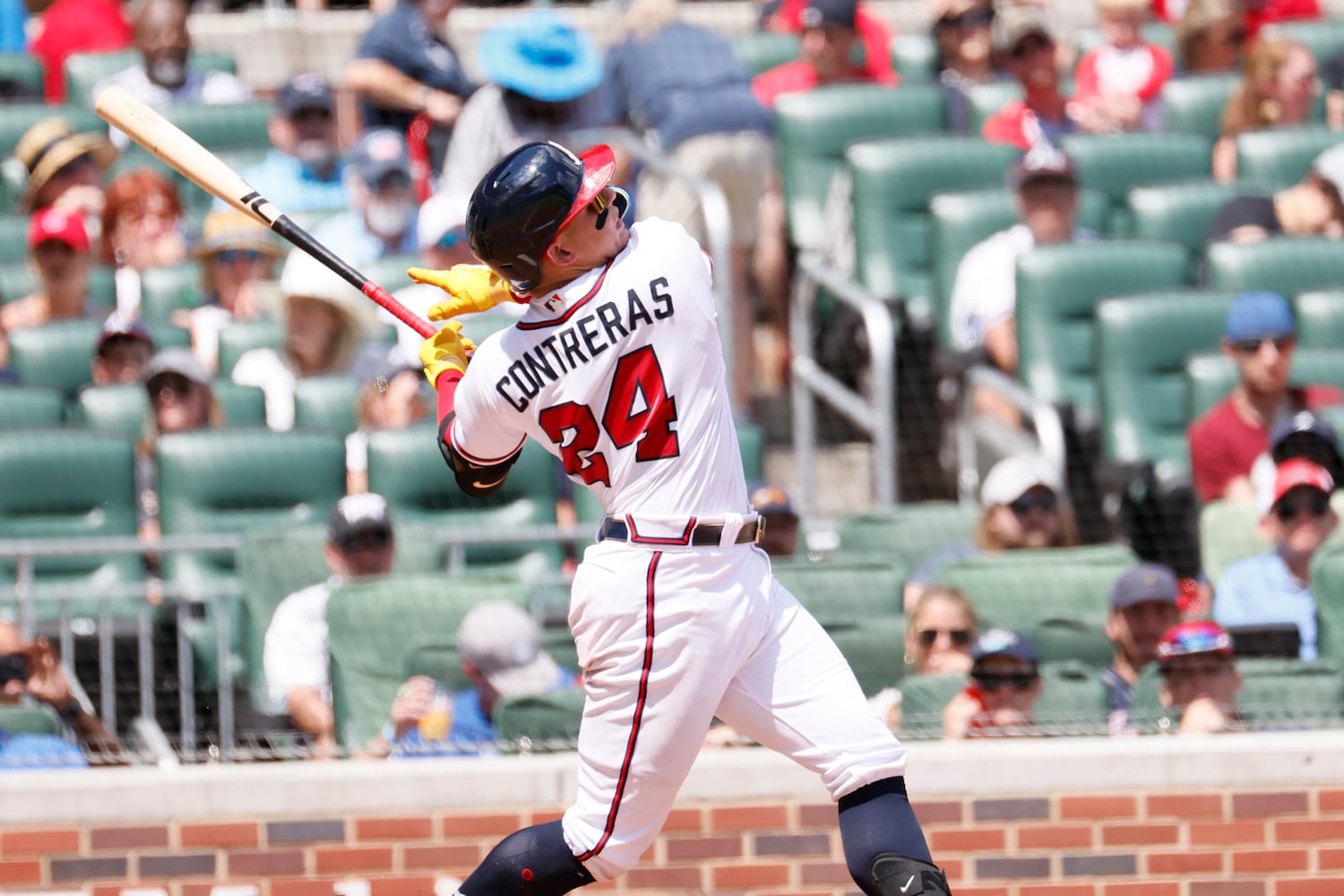 Atlanta's William Contreras watches his home run Sunday at Truist Park. (Miguel Martinez / miguel.martinezjimenez@ajc.com)