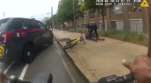 An Atlanta police officer borrowed a bicycle Tuesday afternoon while chasing a murder suspect on the Beltline.