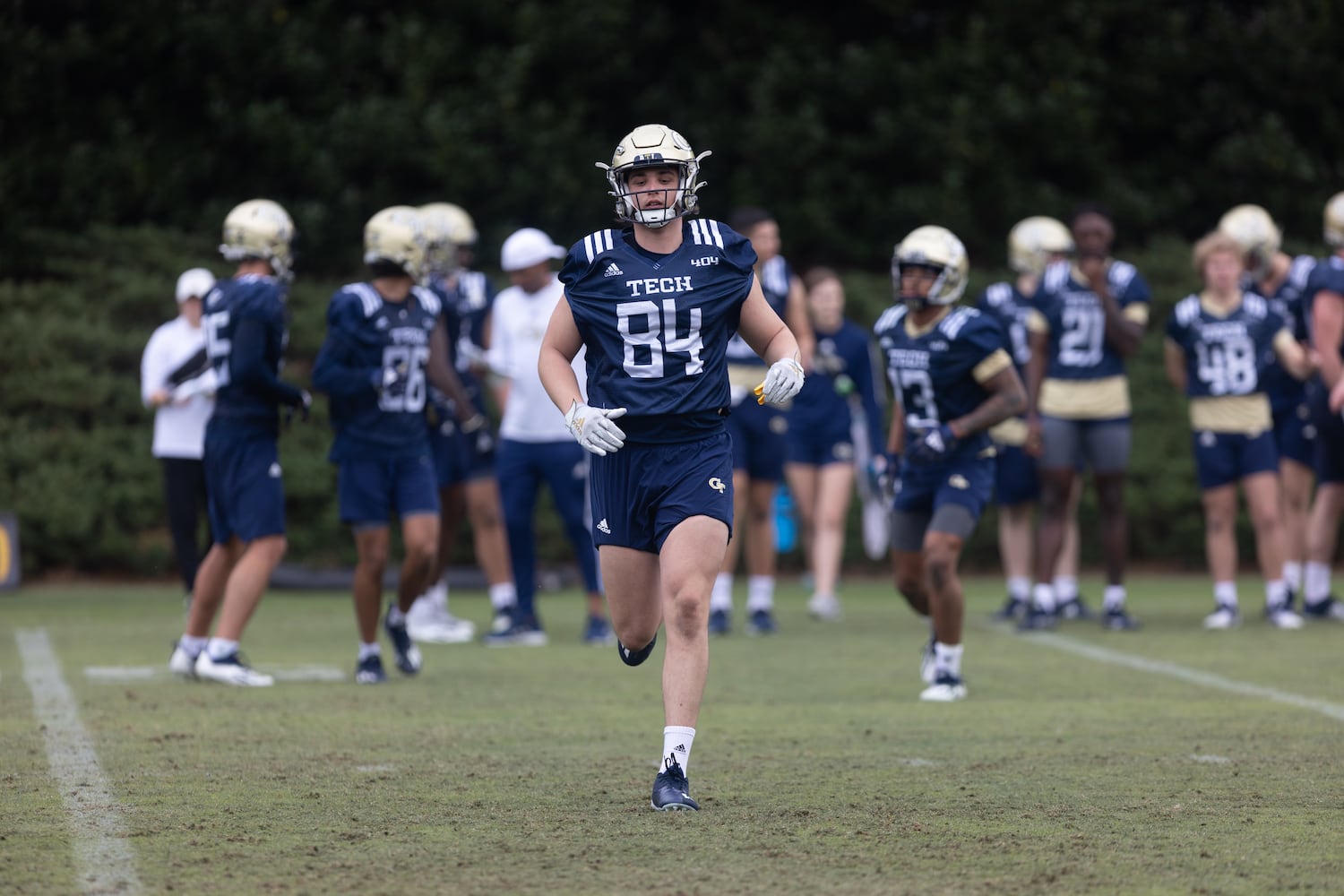 Chris Miller (84) runs during the first day of spring practice for Georgia Tech football at Alexander Rose Bowl Field in Atlanta, GA., on Thursday, February 24, 2022. (Photo Jenn Finch)