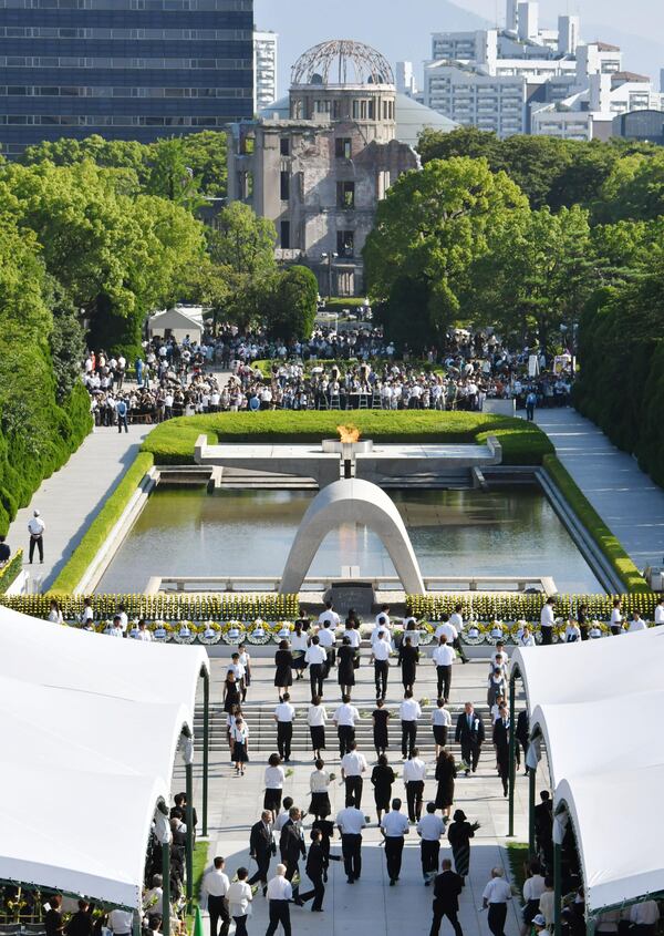 The annual ceremony at the Peace Memorial Park in Hiroshima on Sunday, Aug. 6, 2017 commemorating the atomic bombing of Hiroshima on Aug. 6, 1945. This year marks the 72nd anniversary of the world's first atomic bombing that killed 140,000. Hiroshima's appeal of "never again" on the 72nd anniversary has acquired renewed urgency as North Korea moves ever closer to acquiring nuclear weapons. 