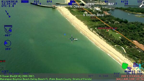 Pictured is a still image shot by a helicopter with the Palm Beach County Sheriff's Office. Detectives are investigating the June 1, 2018, discovery of the body of a newborn girl off the Florida coast near the Boynton Beach Inlet. The crosshairs shown in the photo indicate where the girl, believed to be less than 2 weeks old, was discovered.