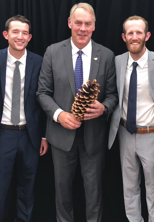 Secretary of the Interior Ryan Zinke flanked by Jim Pattiz, 26, of Canton and his brother Will, 27, of Portland, Ore. The filmmakers grew up in Peachtree City. CONTRIBUTED