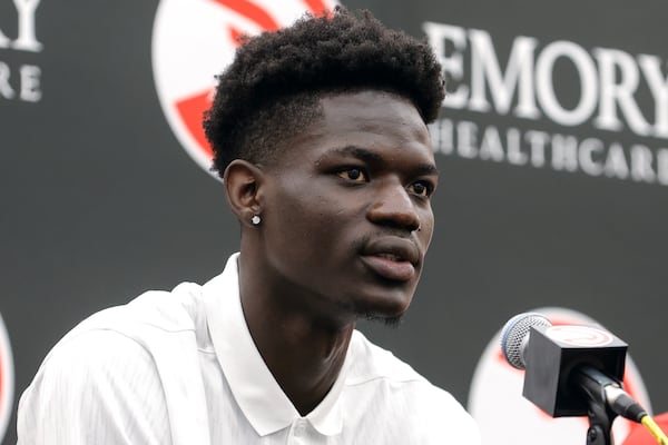 Mouhamed Gueye the Celtics’ 39th pick who was traded to The Atlanta Hawks speaks to the media during an introductory press conference at the Hawks training facility in Atlanta on Monday, June 26, 2023  (Natrice Miller/ Natrice.miller@ajc.com)
