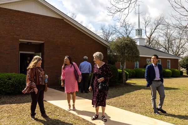 Churchgoers stand outside Maranatha Baptist Church in Plains, Georgia after a service on Sunday, February 26, 2023. (Arvin Temkar / arvin.temkar@ajc.com)