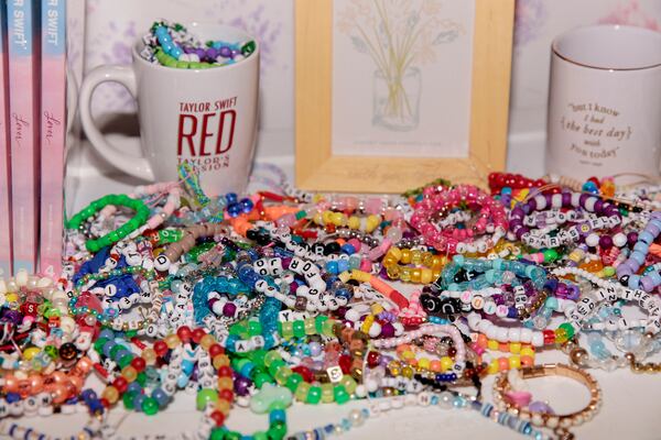 Molly Swindall's collection of Taylor Swift friendship bracelets. (MUST CREDIT: Kendrick Brinson for The Washington Post)