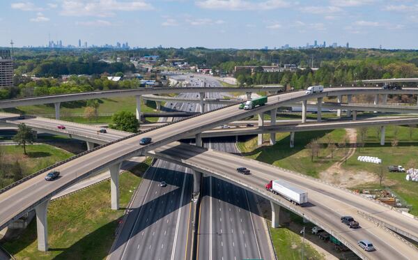 Traffic on April 1, 2020, was absurdly light at Atlanta's Spaghetti Junction, as the region reacted to the coronavirus spread. (Hyosub Shin / Hyosub.Shin@ajc.com) 