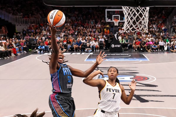 Atlanta Dream center Tina Charles (31) attempts a shot against Indiana Fever forward Aliyah Boston (7) during the second half at State Farm Arena, Friday, June 21, 2024, in Atlanta. Indiana won 91-79. (Jason Getz / AJC)
