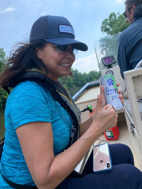 Gloria Reuben was able to nab a floating water cooler out of the Hooch, which still contained beer in it. RODNEY HO/rho@ajc.com