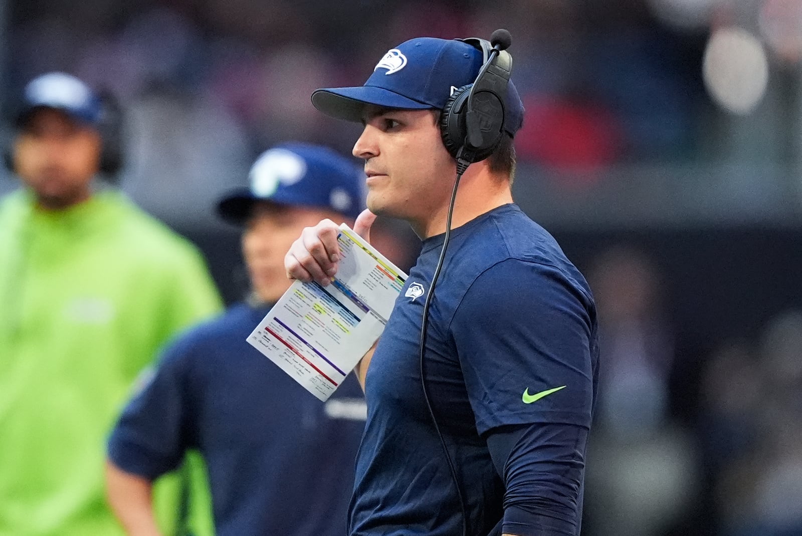 Seattle Seahawks head coach Mike Macdonald looks on from the sideline during the second half of an NFL football game agains the Atlanta Falcons, Sunday, Oct. 20, 2024, in Atlanta. (AP Photo/Brynn Anderson)