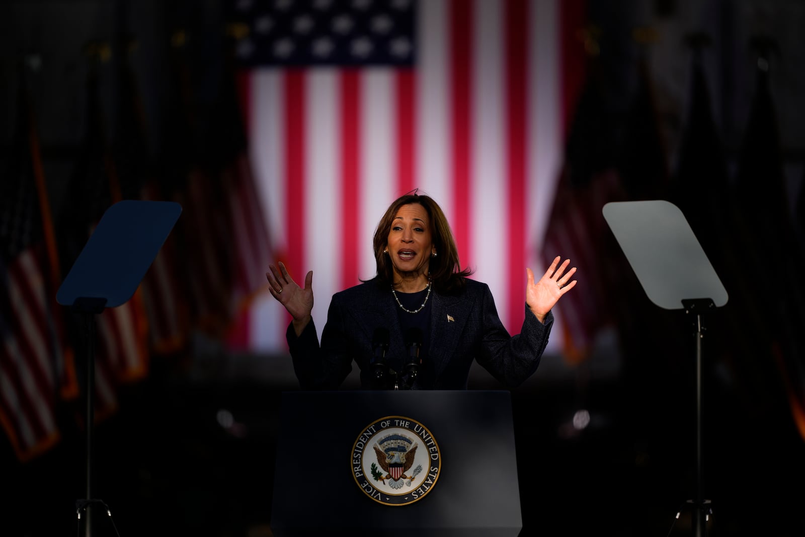 Democratic presidential nominee Vice President Kamala Harris speaks during a campaign event at Washington Crossing Historic Park, Wednesday, Oct. 16, 2024, in Washington Crossing, Pa. (AP Photo/Matt Slocum)