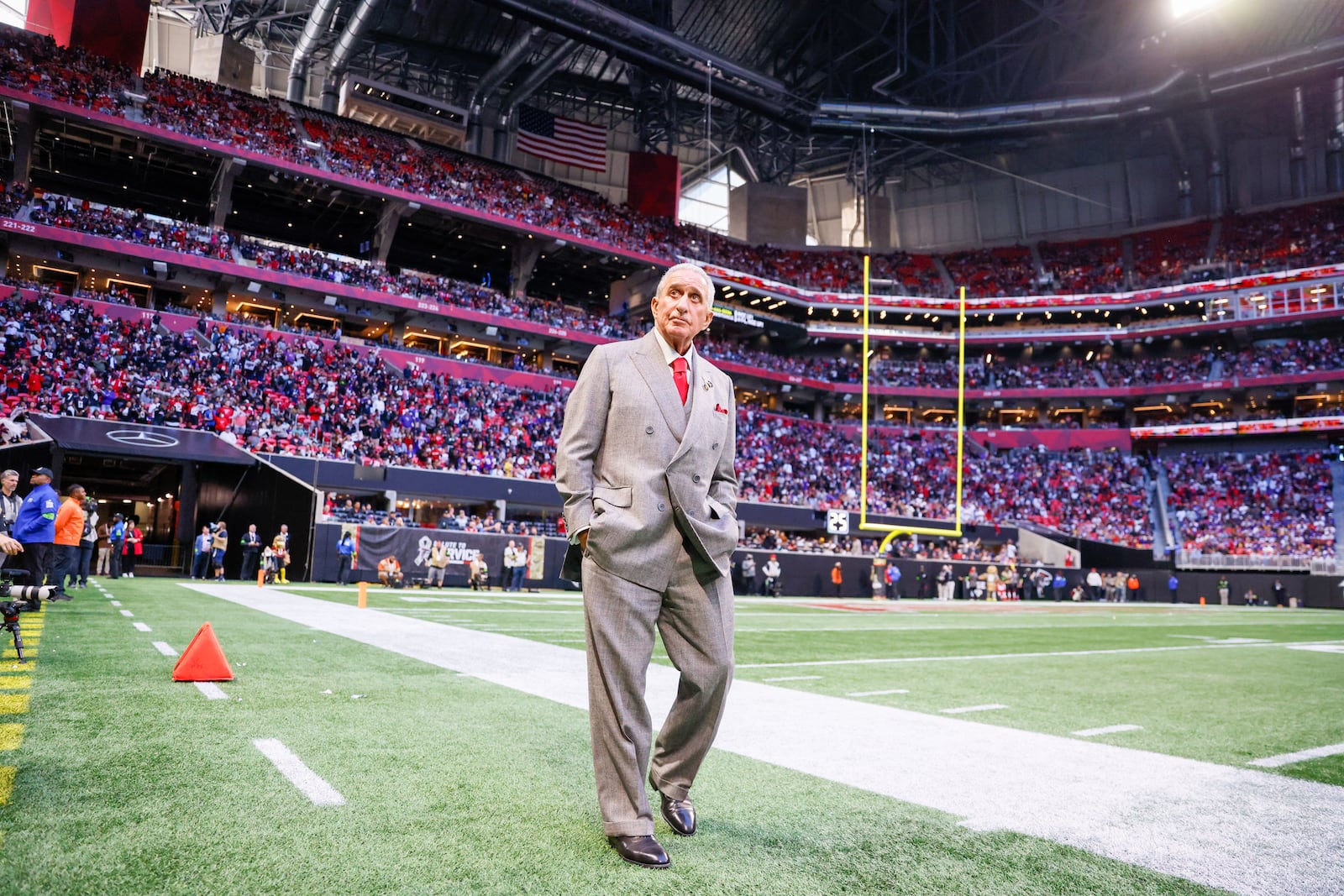 Falcons owner Arthur Blank watches a 2023 game at Mercedes-Benz Stadium. Miguel Martinz/miguel.martinezjimenez@ajc.com