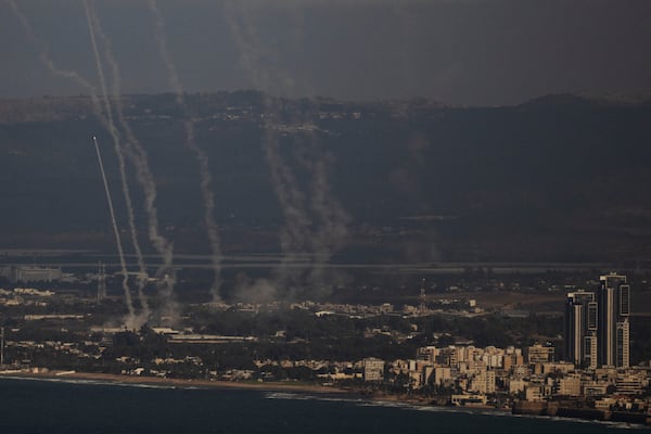 Israel’s Iron Dome missile defense system fires to intercept rockets that were launched from Lebanon, as seen from Haifa, northern Israel, Monday, Nov. 18, 2024. (AP Photo/Leo Correa)