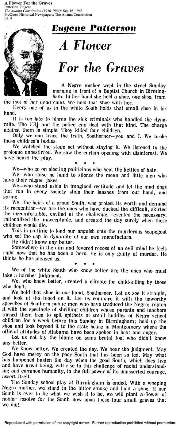 Atlanta Constitution editor Gene Patterson published the column "A Flower For the Graves" on Sept. 16, 1963, one day after the church bombing in Birmingham that killed four little girls.