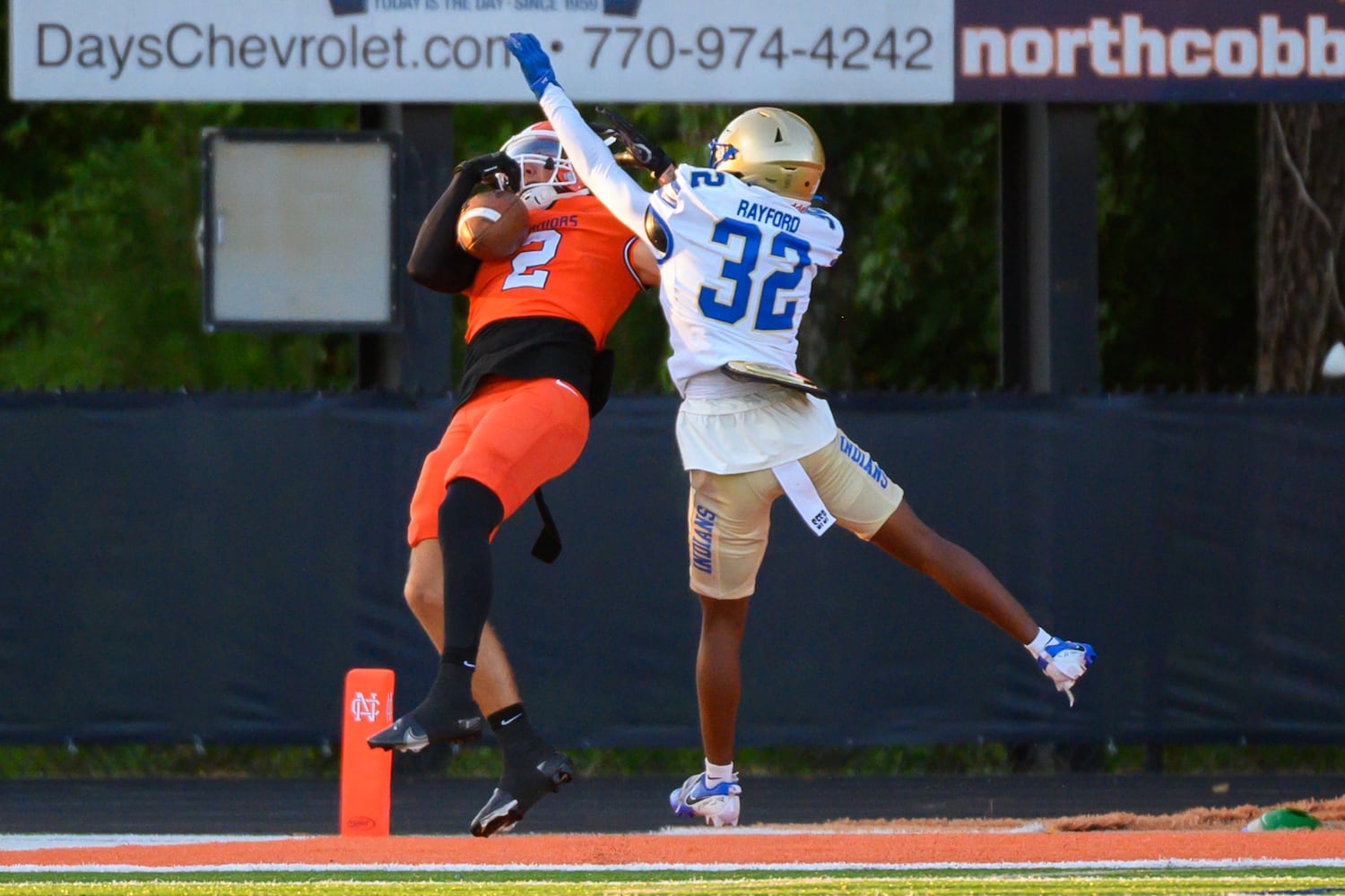 Wide receiver for North Cobb, Steele Ingram, makes a catch during the football game against McEachern in Kennesaw, GA on August 23, 2024 (Jamie Spaar for the Atlanta Journal Constitution)