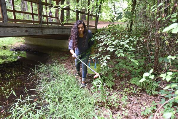 Hannah Testa, 16, has been battling plastic pollution since age 10. She is pictured here picking up plastic litter at her subdivision in Cumming. HYOSUB SHIN / HSHIN@AJC.COM