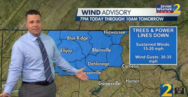 With sustained winds up to 20 mph, power outages are possible Friday night and Saturday morning. Wind chills below zero are possible in the northeast Georgia mountains.