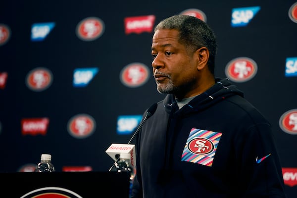 San Francisco 49ers defensive coordinator Steve Wilks speaks at a press conference during the Super Bowl bye week at Levi’s Stadium in Santa Clara, California, on Feb. 2, 2024. (Shae Hammond/Bay Area News Group/TNS)