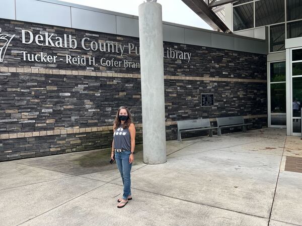 Amber Jones, a voter at the Tucker-Reid H. Cofer Library.