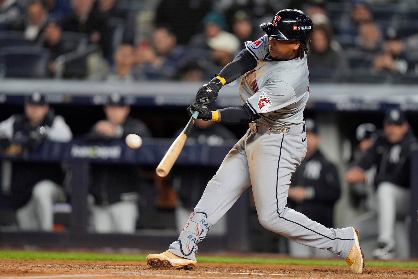 Cleveland Guardians' José Ramírez hits a home run against the New York Yankees during the ninth inning in Game 2 of the baseball AL Championship Series Tuesday, Oct. 15, 2024, in New York. (AP Photo/Frank Franklin II)