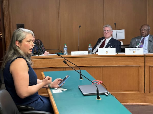 Georgia state employee Carrie Scott speaks against of a bill that would cut off public funding of transgender care by the state government at a hearing on Tuesday, Feb. 4, 2025, at the Capitol in Atlanta. (Jeff Amy/AP)