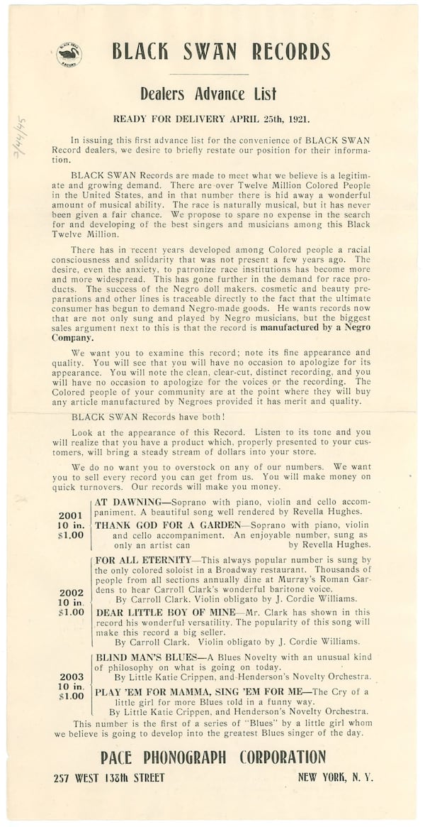 Pace Phonograph Corporation. Black Swan Records dealers advance list, April 13, 1921. W. E. B. Du Bois Papers (MS 312). Special Collections and University Archives, University of Massachusetts Amherst Libraries