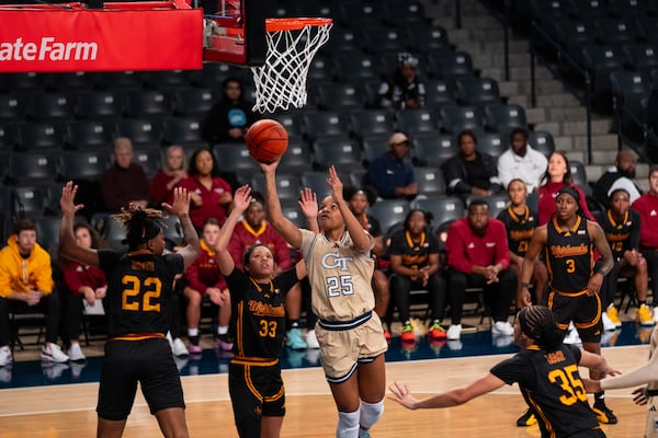 Kara Dunn puts up a shot for the Jackets, who defeated Louisiana-Monroe 97-37 on Wednesday. Photo courtesy of Georgia Tech Athletics